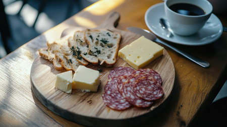 A breakfast-themed setup with salami, cheese slices, and butter on a wooden board, accompanied by coffee.の素材