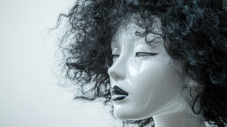 A close-up of a white mannequin head with a textured natural wig in dark black curls.の素材