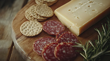 A beautifully styled cheese and salami platter on a wooden board, with fresh rosemary and crackers.の素材