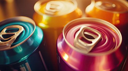 A close-up of canned food tops showing pull-tabs and colorful labels under bright studio lightingの素材