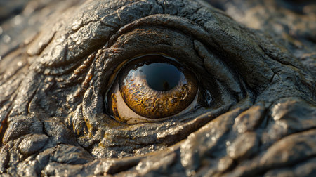 A close-up of a Javan rhino's eye, showing intricate details of its skin and the surrounding mud.の素材