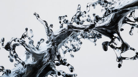 A close-up of a water splash forming intricate curves, isolated on a pale gray backdrop.の素材