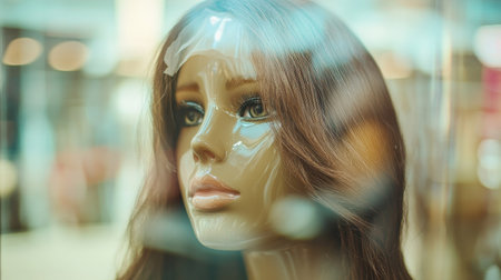 A mannequin head wearing a classic long brunette wig, displayed on a glass surface with reflections.の素材