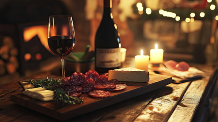A cozy scene with a chopping board of salami, cheese, and a glass of red wine in a candlelit setting.の素材