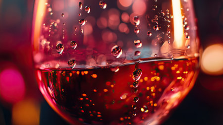 A close-up of droplets forming on a chilled white wine glass, with red and ros wines in the backgroundの素材