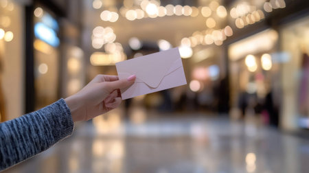 A close-up of a hand presenting a gift voucher in a sleek envelope against a blurred shopping mall backgroundの素材
