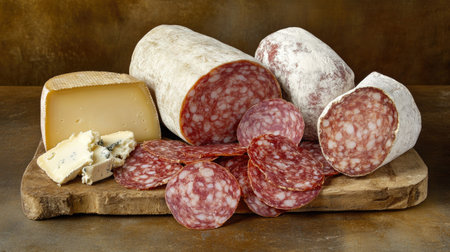 A chopping board loaded with salami, cheese, and fresh bread, set against a warm, rustic background.の素材