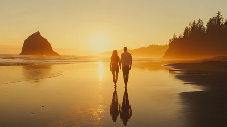 A couple walking on a beach during sunset, with soft sun flares reflecting off the waves.の素材