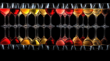 A colorful array of wine glasses filled with red, white, and sparkling wines, placed on a black reflective surfaceの素材