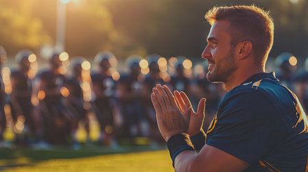 A coach clapping to motivate a sports team on the sidelines during a big gameの素材