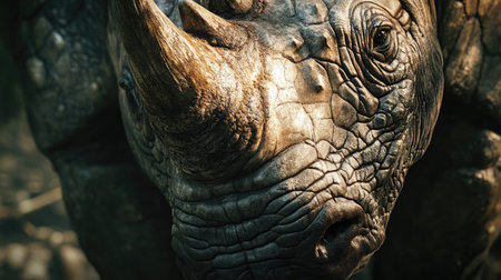 A close-up of the textured skin of a Javan rhino, with light and shadow emphasizing the patterns.の素材