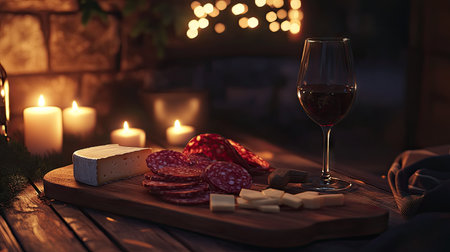 A cozy scene with a chopping board of salami, cheese, and a glass of red wine in a candlelit setting.の素材