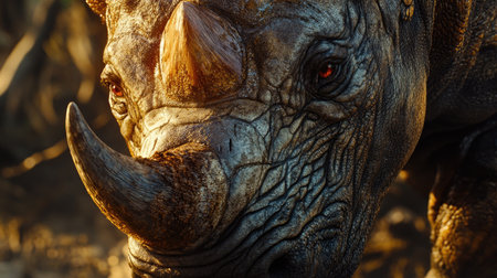 A close-up of the textured skin of a Javan rhino, with light and shadow emphasizing the patterns.の素材