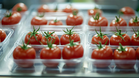 A close-up of ripe tomatoes in plastic trays being transported on a conveyor system in a high-tech food plantの素材