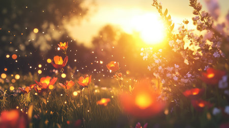 A close-up of wildflowers glowing under sun flares at sunset.の素材