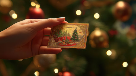 A close-up of a hand offering a holiday-themed gift card against a decorated Christmas tree backgroundの素材