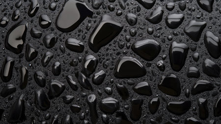 A creative abstract of water drops forming patterns on a smooth black surface.の素材