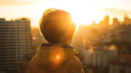 A cityscape during the golden hour, with sun flares bouncing off glass skyscrapers.の素材