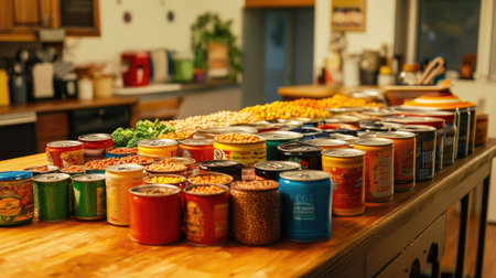 A colorful assortment of canned food, including beans, vegetables, and soups, neatly arranged on a wooden kitchen tableの素材