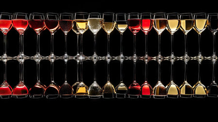 A colorful array of wine glasses filled with red, white, and sparkling wines, placed on a black reflective surfaceの素材