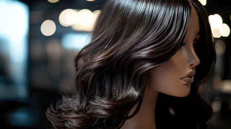 A mannequin head showcasing a luxurious wavy wig in dark chocolate brown under professional lighting.の素材