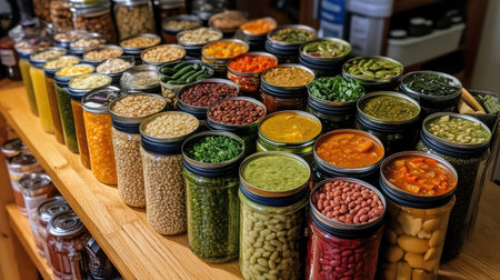 A colorful assortment of canned food, including beans, vegetables, and soups, neatly arranged on a wooden kitchen tableの素材
