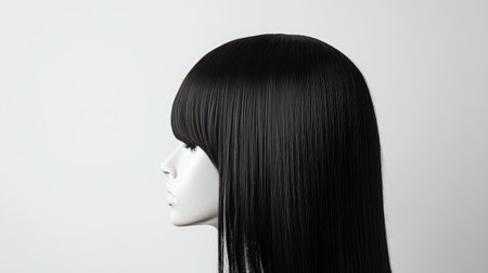 A natural black straight hair wig on a white mannequin head, set against a minimalistic white background.の素材