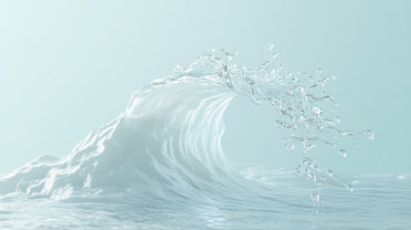 A single water splash in the shape of a wave, isolated on a light blue background.の素材