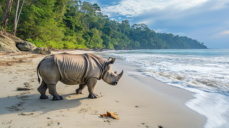 A panoramic view of a Javan rhino walking along a beach near Ujung Kulon National Park, Indonesia.の素材