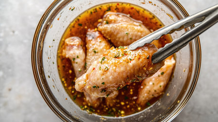 A raw chicken wing held with tongs over a bowl of marinade, ready to be coated.の素材