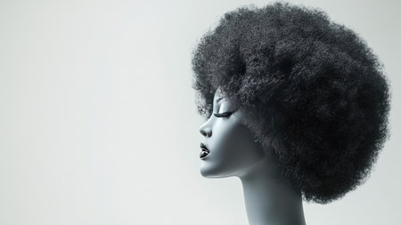 A textured afro wig on a white mannequin head, highlighted against a plain white background.の素材