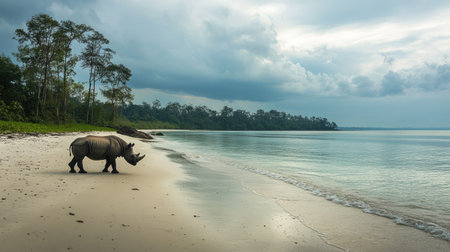A panoramic view of a Javan rhino walking along a beach near Ujung Kulon National Park, Indonesia.の素材