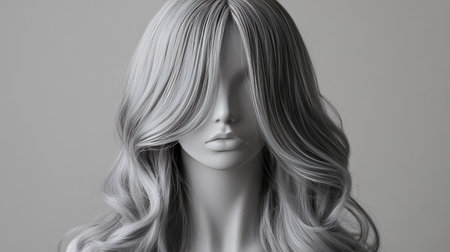 A natural gray wig styled into loose waves on a white mannequin head, representing mature elegance.の素材