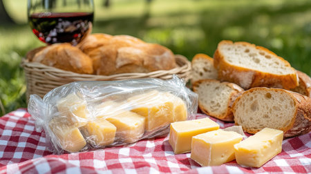 A picnic setup featuring a pack of cheese cubes in plastic wrapping alongside bread and wine on a checkered clothの素材