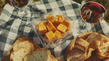 A picnic setup featuring a pack of cheese cubes in plastic wrapping alongside bread and wine on a checkered clothの素材