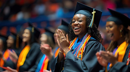 A person in a graduation cap clapping with joy while holding a diploma in the other handの素材