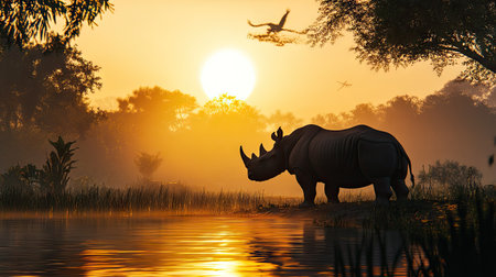 A scenic shot of a Javan rhino silhouetted against the setting sun in its natural habitat.の素材