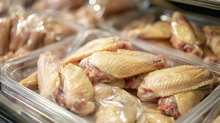 A pile of fresh chicken wings in a transparent plastic tray, labeled and ready for supermarket shelves.の素材
