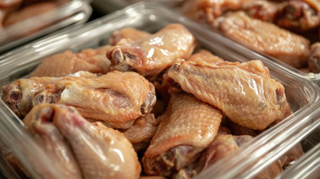 A pile of fresh chicken wings in a transparent plastic tray, labeled and ready for supermarket shelves.の素材