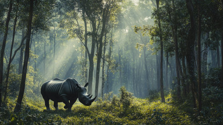 A panoramic shot of a Javan rhino in its forest habitat, highlighting the biodiversity of Ujung Kulon National Park.の素材