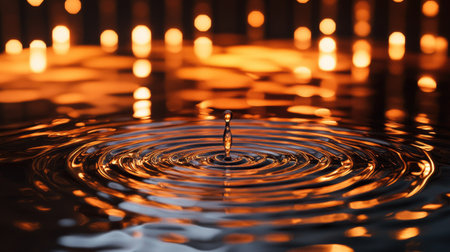 A reflective water surface with ripples from a single drop, surrounded by serene lighting.の素材