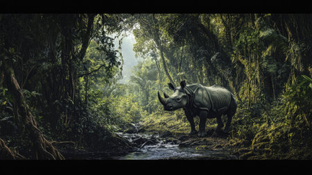 A panoramic shot of a Javan rhino in its forest habitat, highlighting the biodiversity of Ujung Kulon National Park.の素材