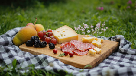 A picnic-style presentation with salami and cheese on a wooden board, paired with fruit and a checkered cloth.の素材