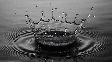 A perfect water crown splash captured at the moment of impact, ripples expanding outward.の素材
