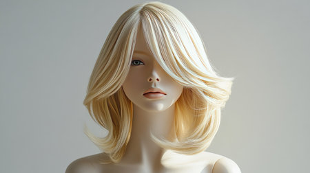 A straight golden blonde wig on a white mannequin head, styled with natural layers and soft light effects.の素材
