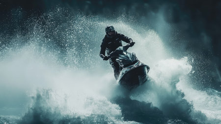 A professional rider doing tricks on a jet ski, with water splashing high into the air.の素材