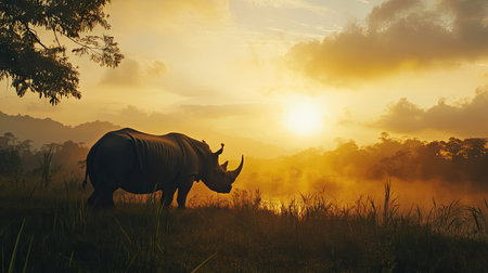 A scenic shot of a Javan rhino silhouetted against the setting sun in its natural habitat.の素材