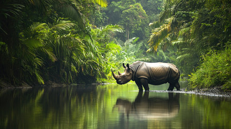 A peaceful Javan rhino walking beside a calm forest river, with tropical vegetation reflected in the water.の素材