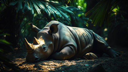 A solitary Javan rhino resting in the shade of large tropical leaves, with dappled sunlight filtering through.の素材