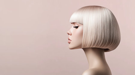 A side view of a white mannequin head wearing a short bob wig with sleek bangs in platinum blonde.の素材
